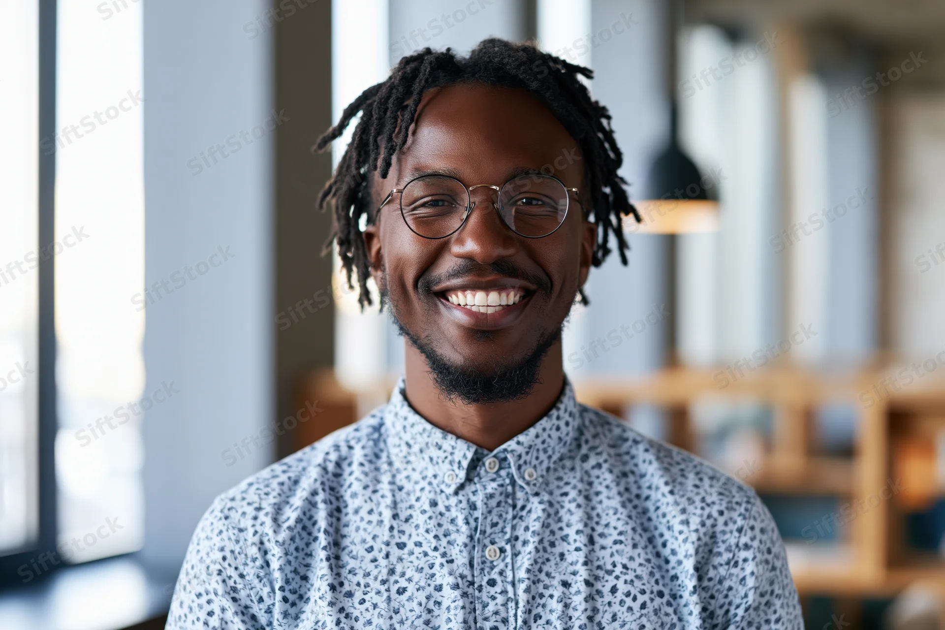 Young black man smiling with round glasses and short dreadlocks in a modern office interior