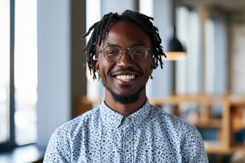 Young black man smiling with round glasses and short dreadlocks in a modern office interior