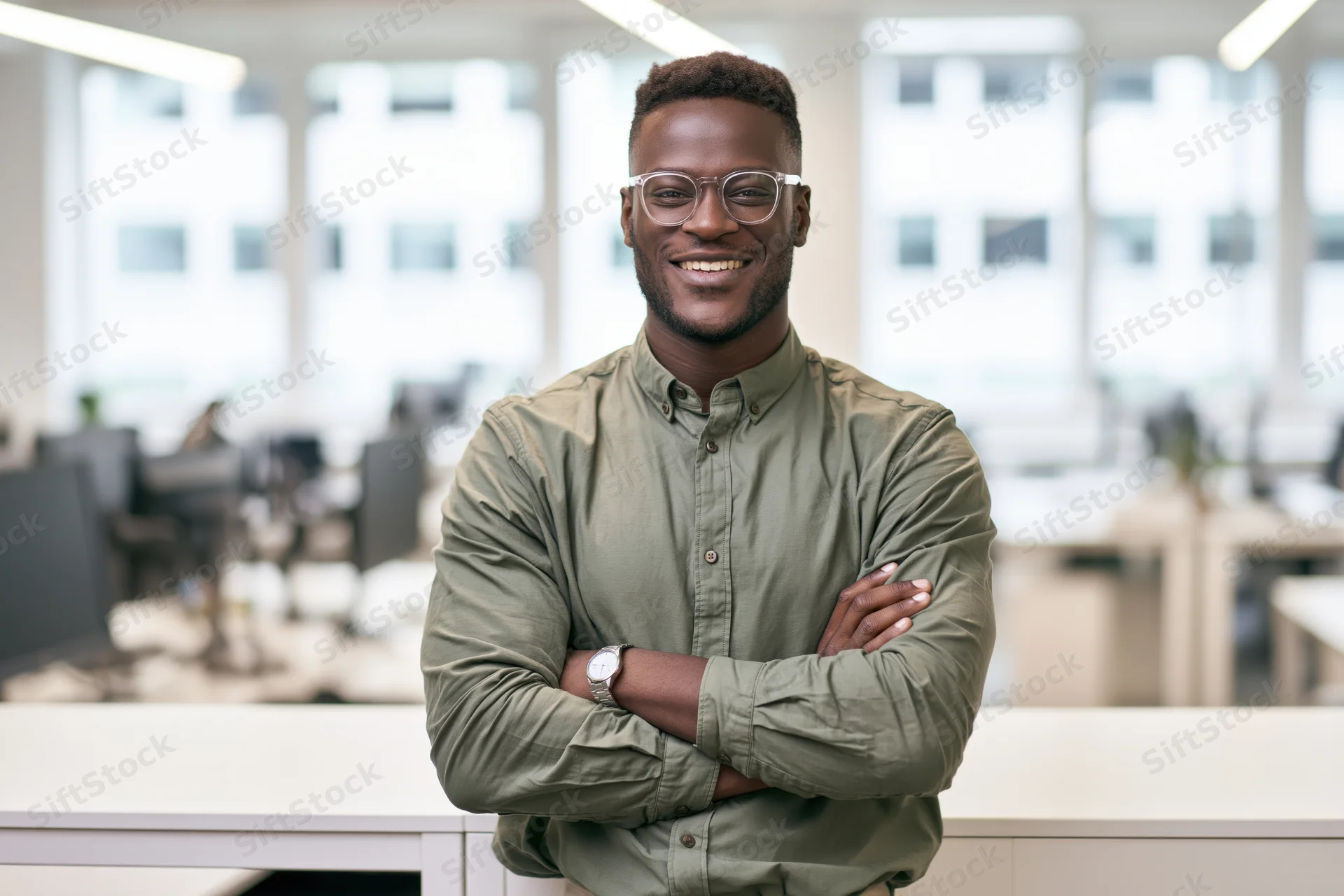 Young black professional man smiling with arms crossed in modern office