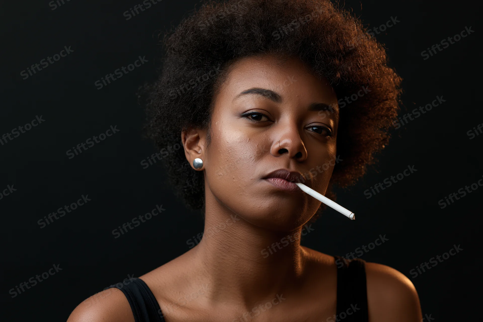 Young black woman holding unlit cigarette between her lips in studio portrait