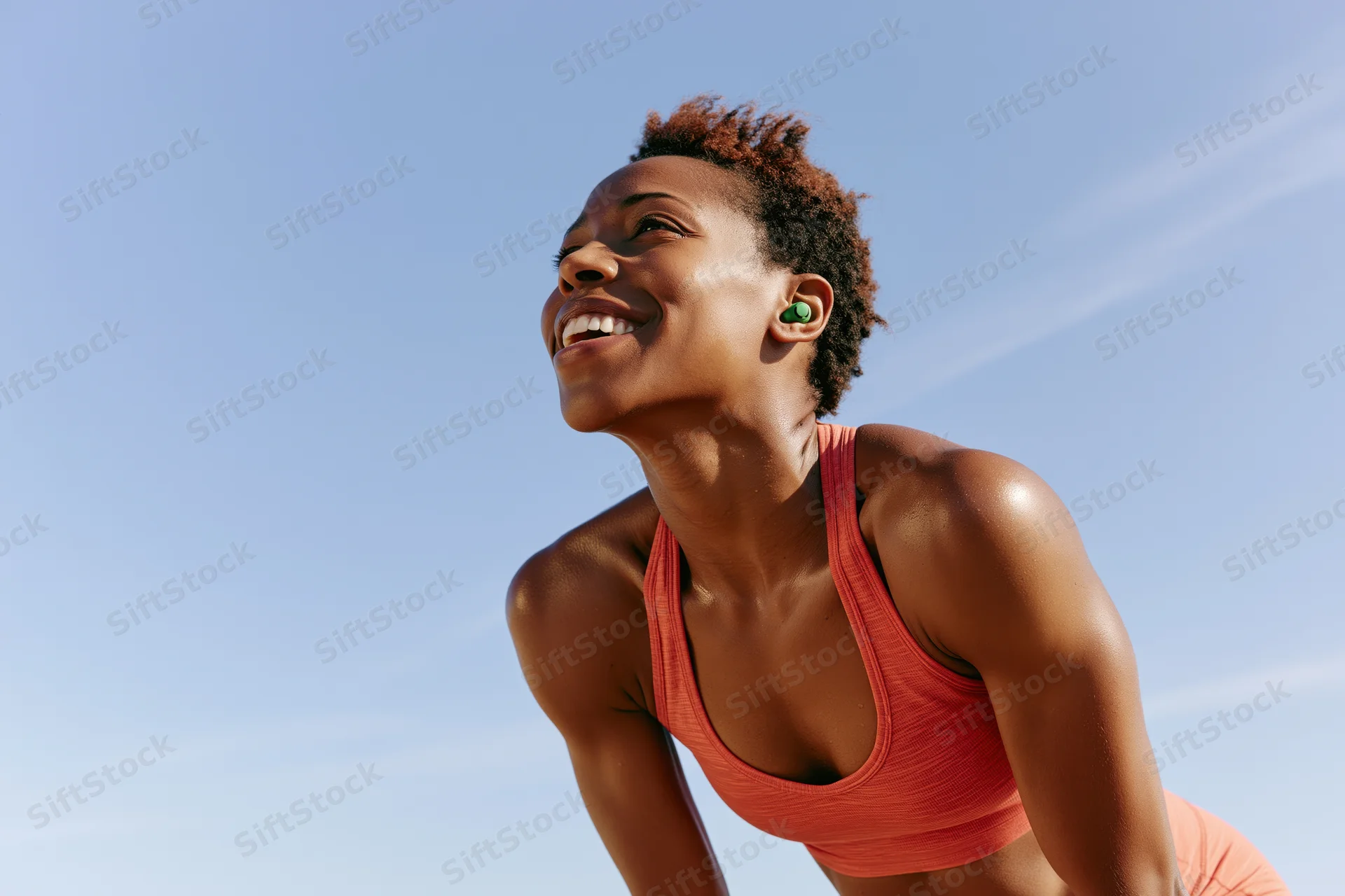 Young black woman pausing during outdoor run with earbuds, smiling upward against blue sky