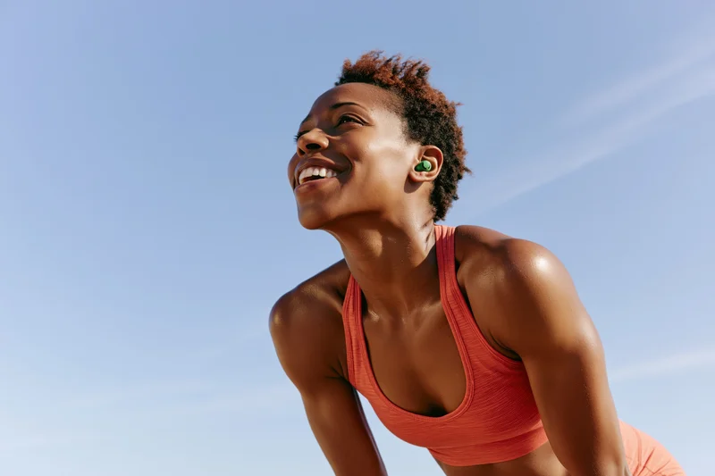 Young black woman pausing during outdoor run with earbuds, smiling upward against blue sky