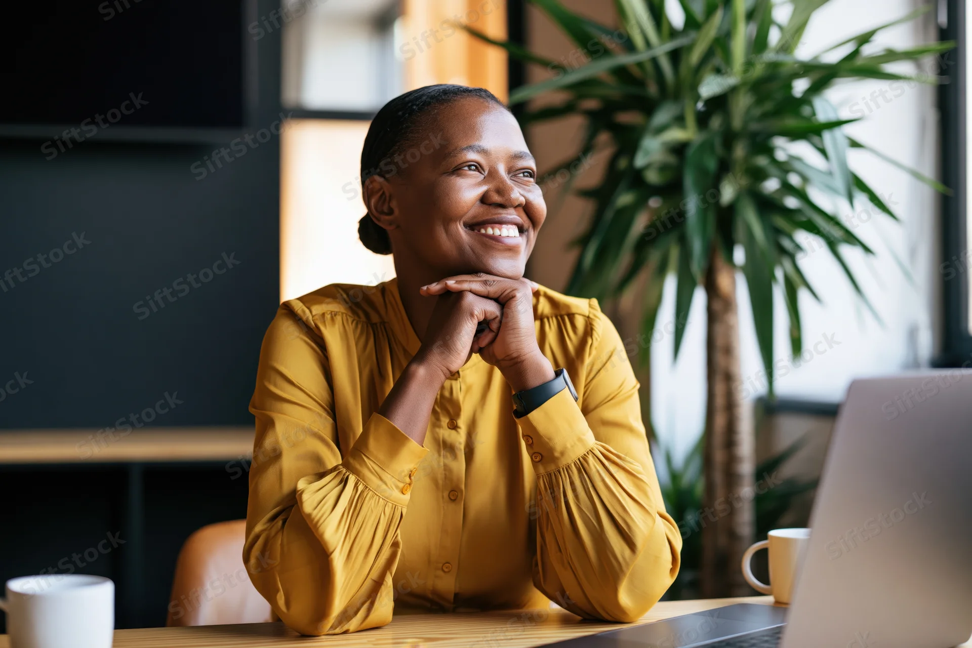 Smiling black woman sitting at desk with hands clasped, looking away from laptop in office setting