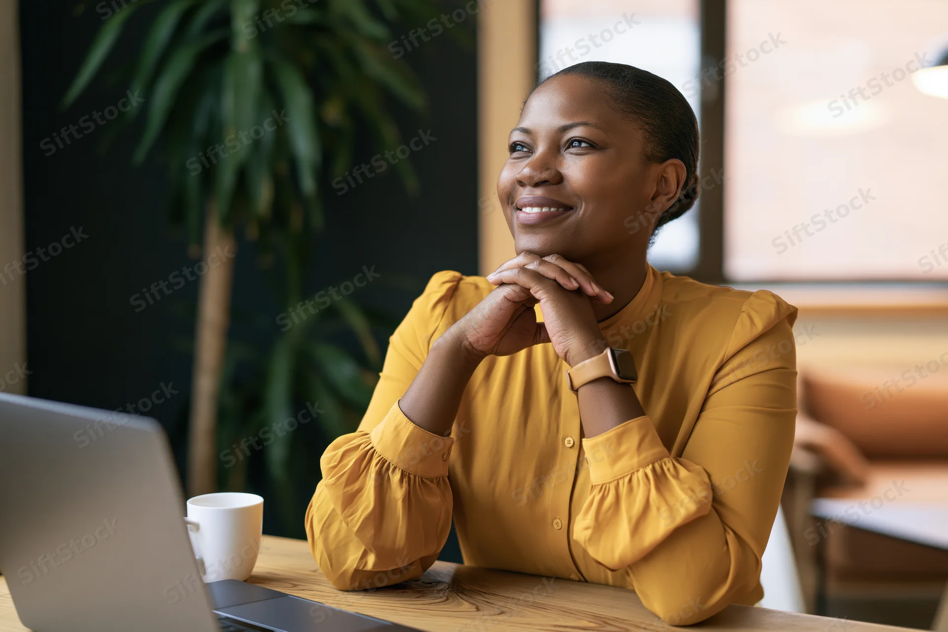 Young black woman smiling with hands clasped at wooden desk beside laptop and coffee mug in modern office