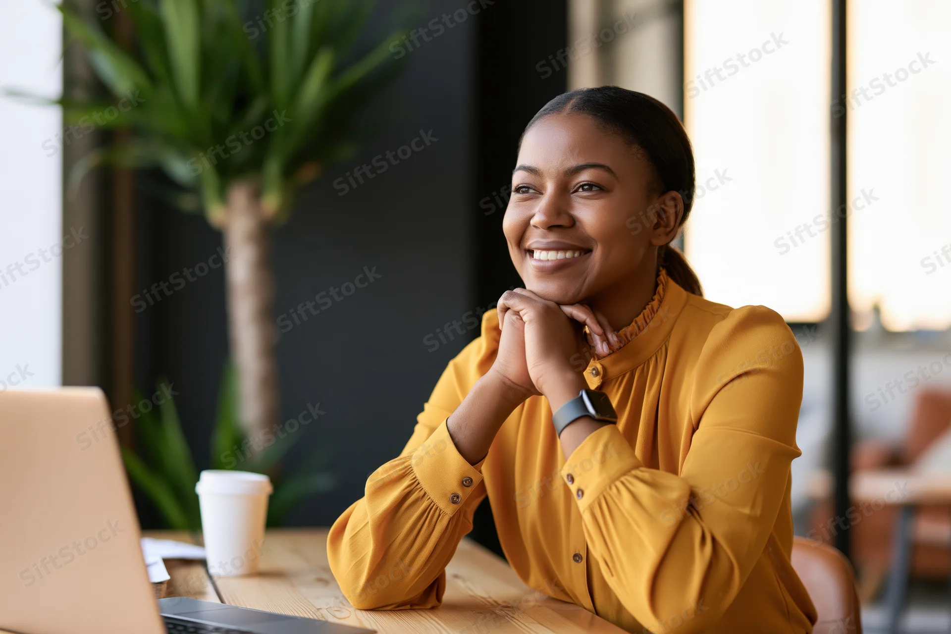 Smiling black woman sitting at wooden desk with clasped hands beside laptop in modern office