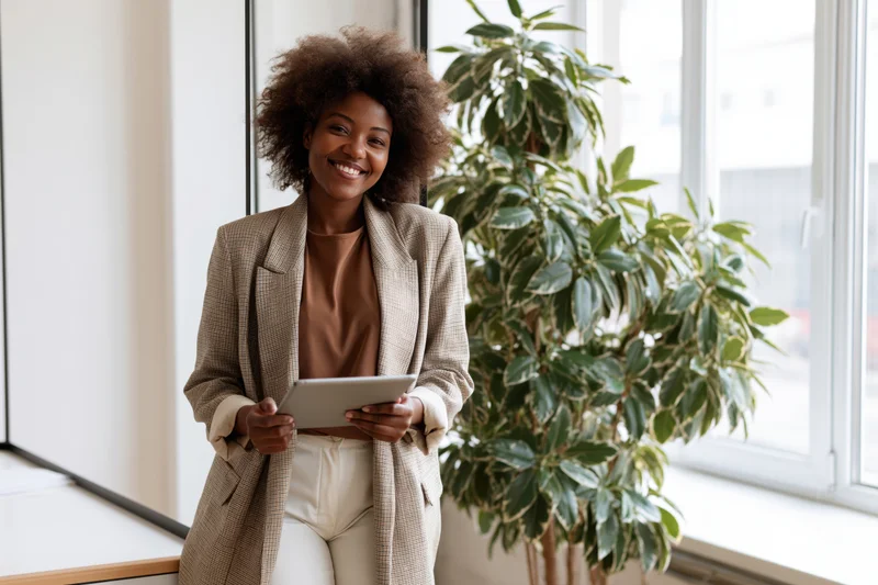 Young black woman smiling while holding tablet in modern office near window with plant