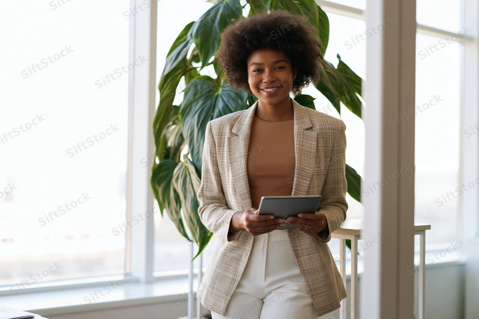 Black woman in business attire holding tablet and smiling in office near window with plant