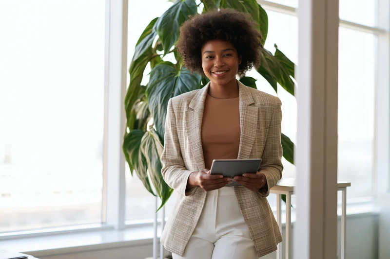 Black woman in business attire holding tablet and smiling in office near window with plant
