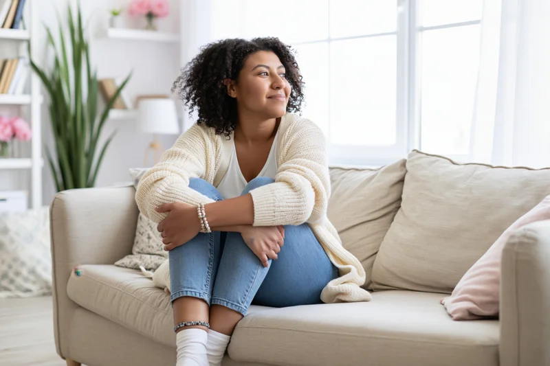 Young black woman sitting relaxed on beige sofa in living room