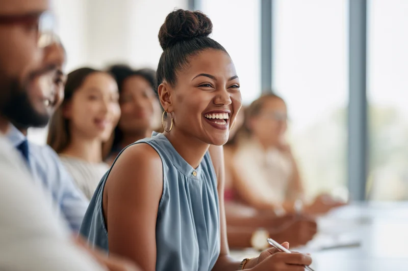 Young black woman laughing during a team meeting in a modern office