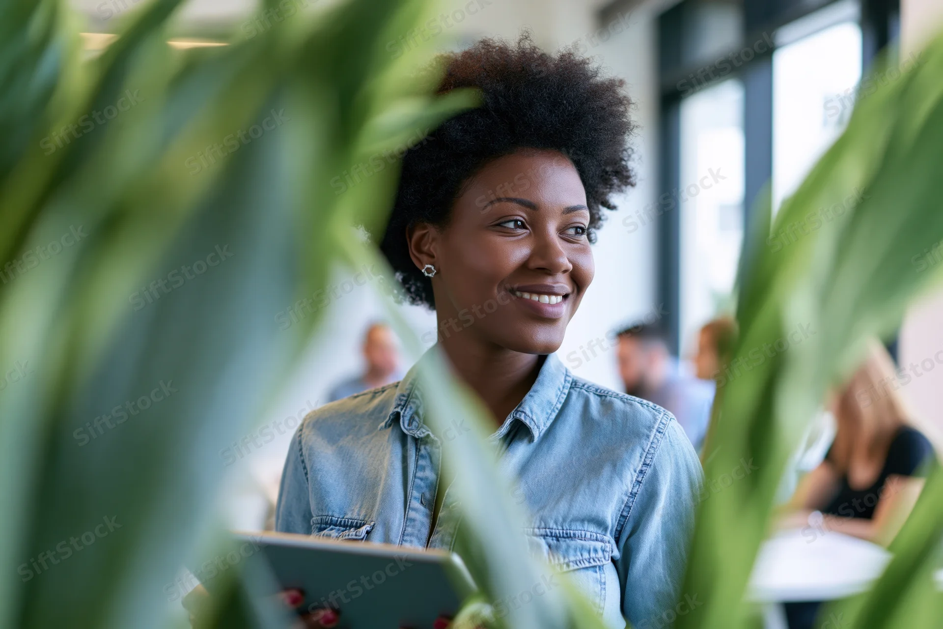 Young black woman smiling while holding tablet in office surrounded by green plants
