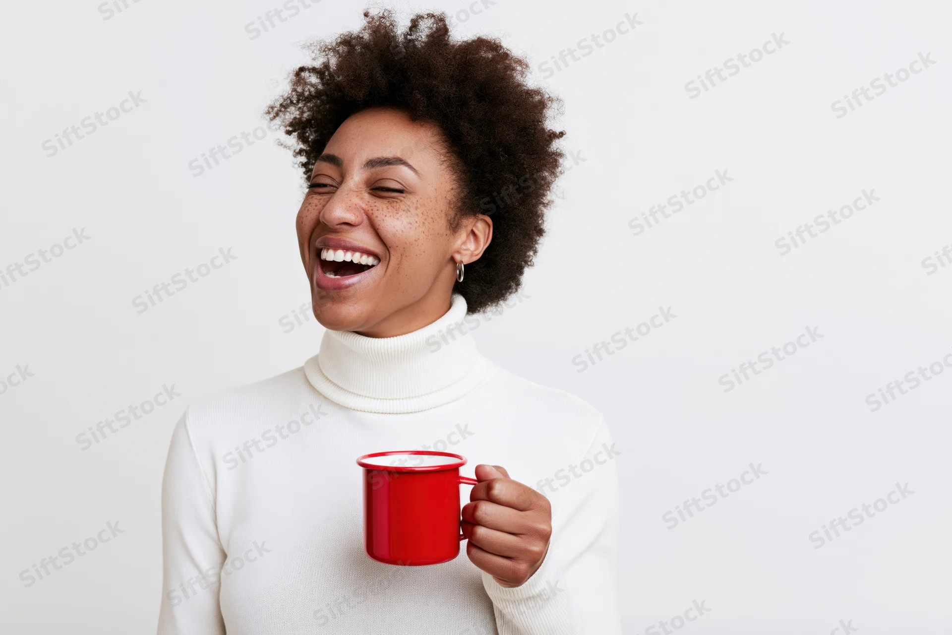 Young black woman laughing while holding a red enamel mug in a studio setting