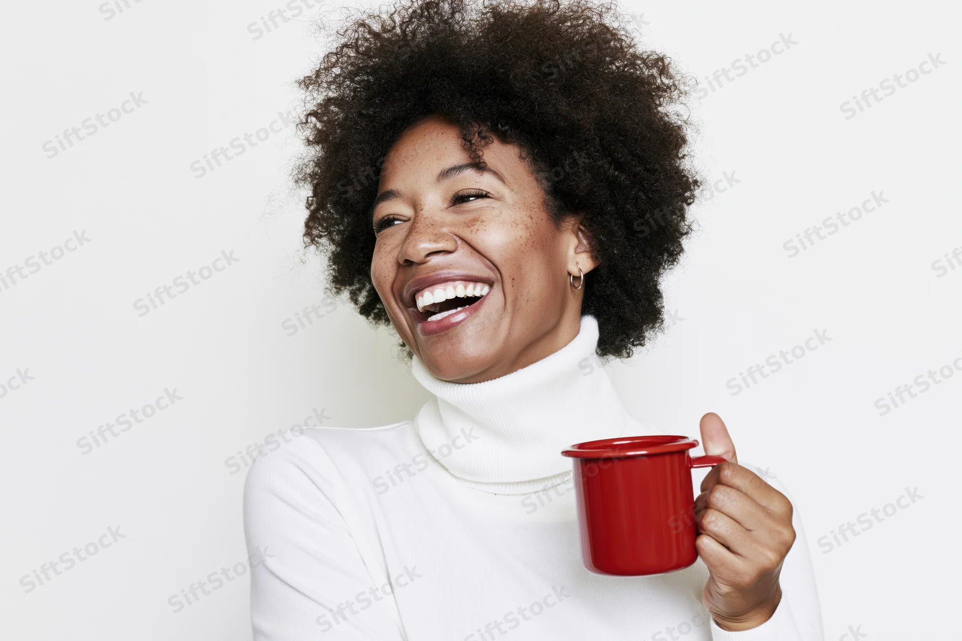 Young black woman laughing while holding a red enamel mug against a white background