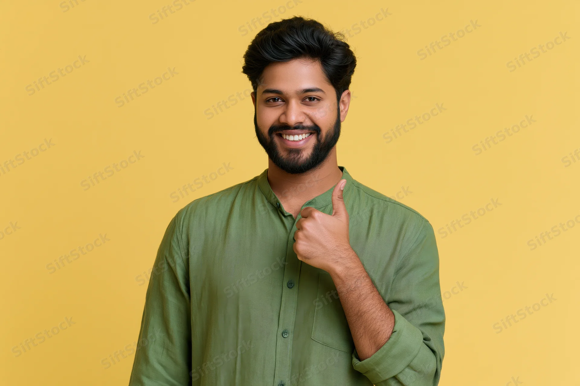 Young indian man smiling and pointing with thumb to the side against yellow background