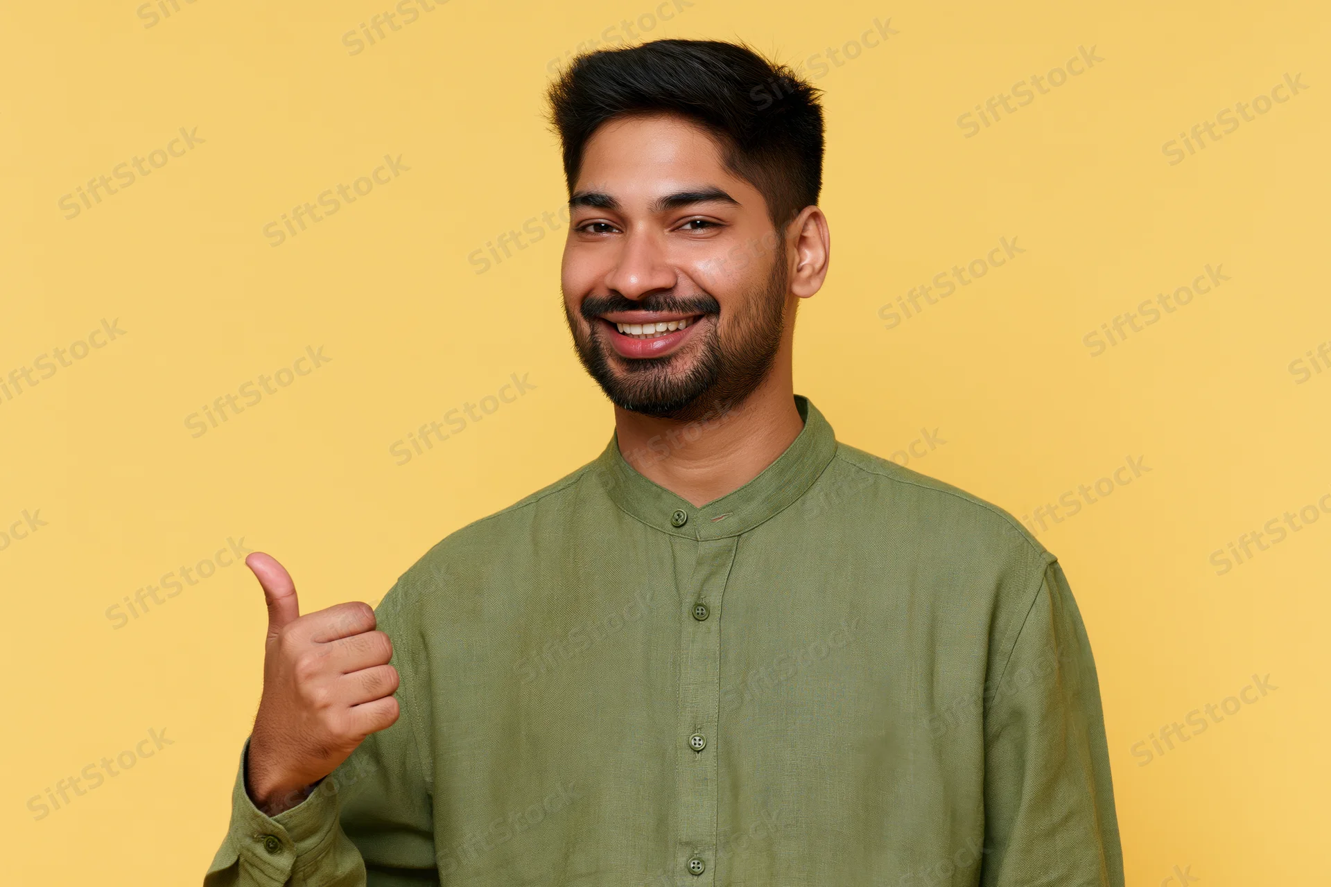 Young indian man smiling and giving thumbs up against yellow background