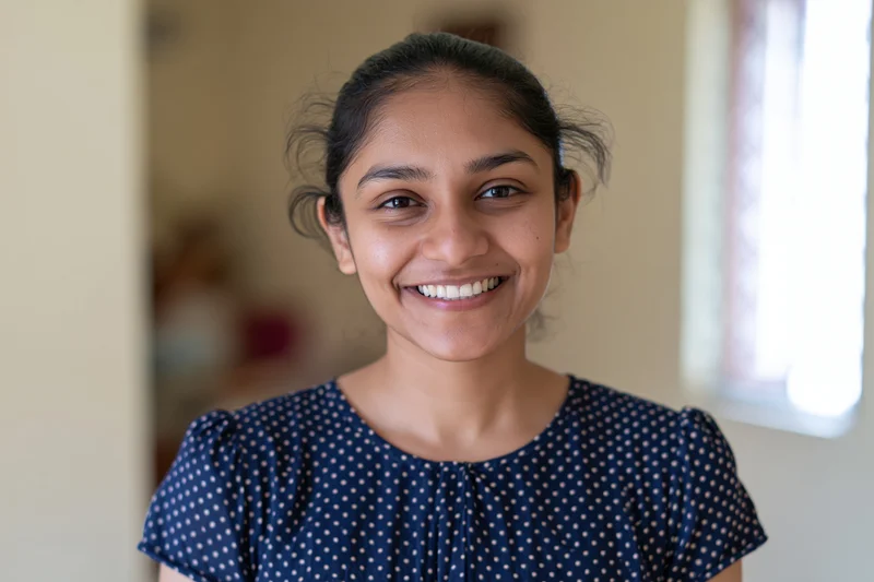 Young indian woman smiling warmly in a polka dot blouse indoors