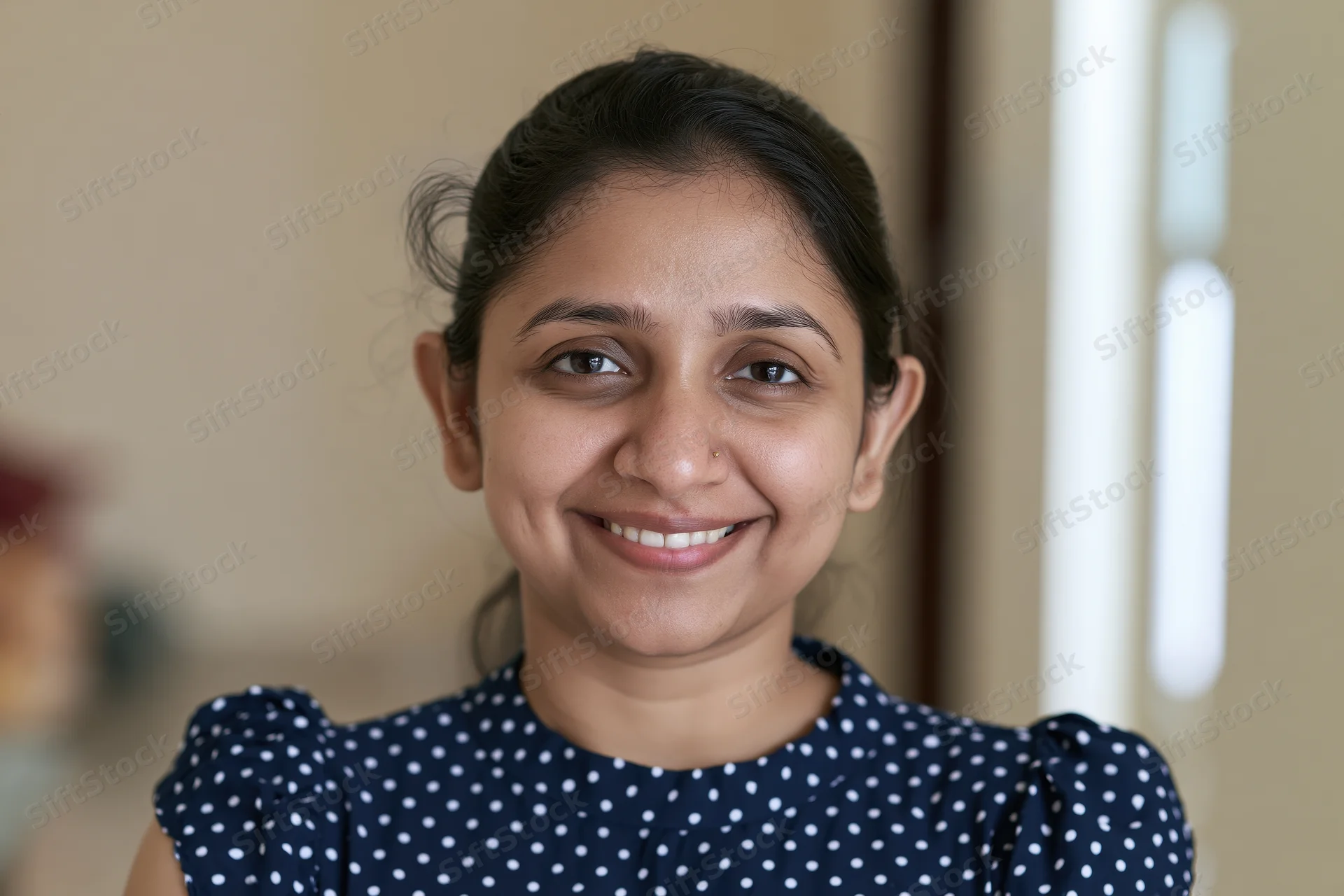 Young indian woman smiling warmly at camera in indoor setting wearing navy blue polka dot blouse