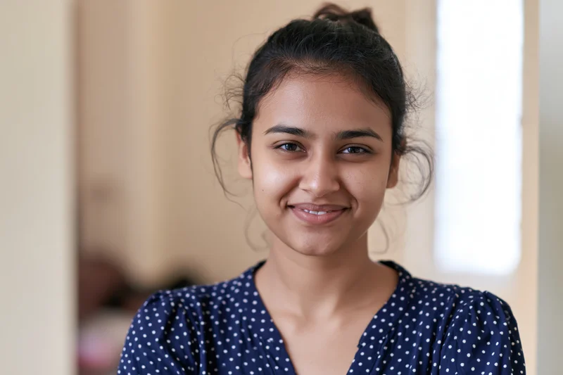 Young indian woman smiling warmly in a closeup portrait indoors