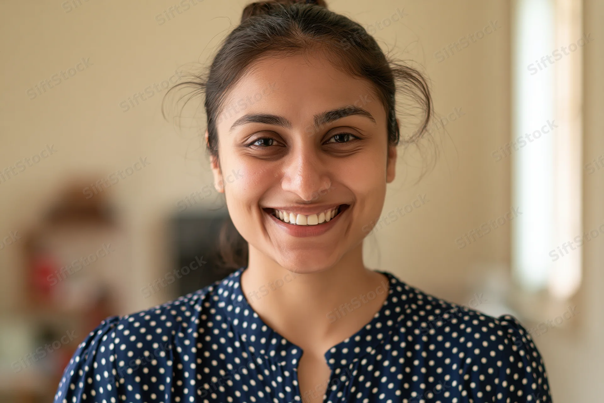 Young indian woman smiling warmly in a polka dot blouse indoors