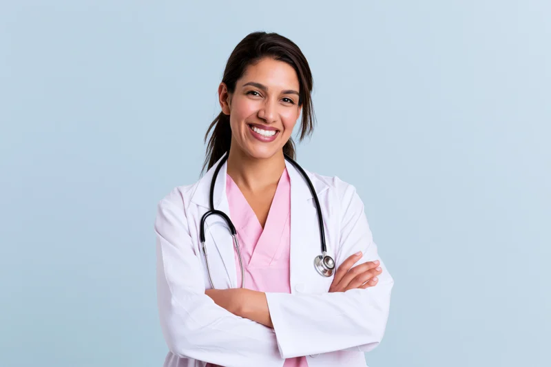 Young latina woman doctor in white coat with stethoscope arms crossed smiling against light blue background