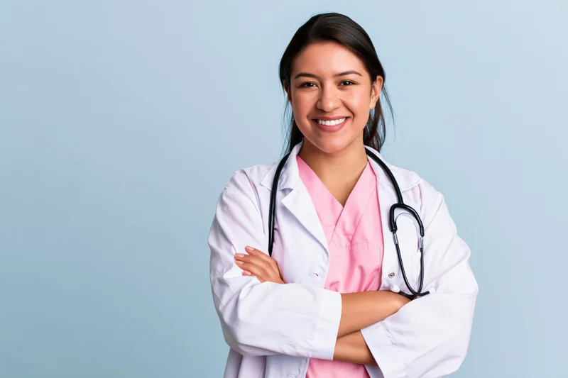 Young latina woman doctor in white lab coat with stethoscope arms crossed smiling in studio portrait