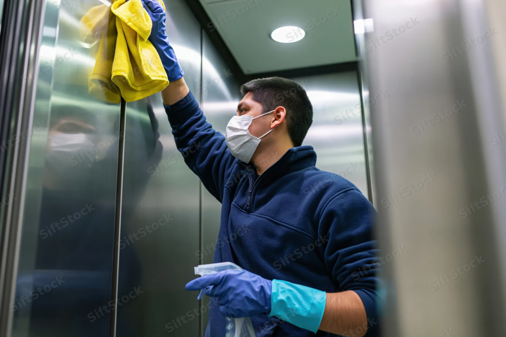 Man in mask and gloves disinfecting elevator interior with yellow cloth and spray bottle