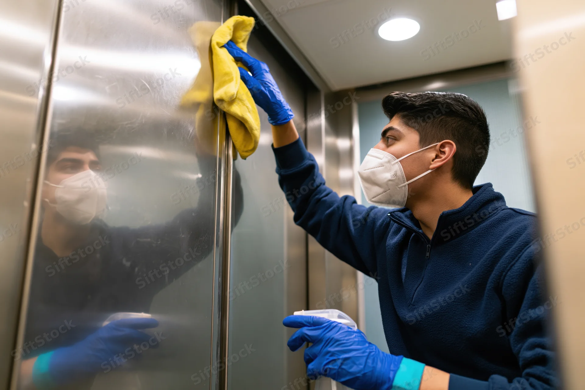 Young latino janitor disinfecting elevator interior with cloth and spray bottle