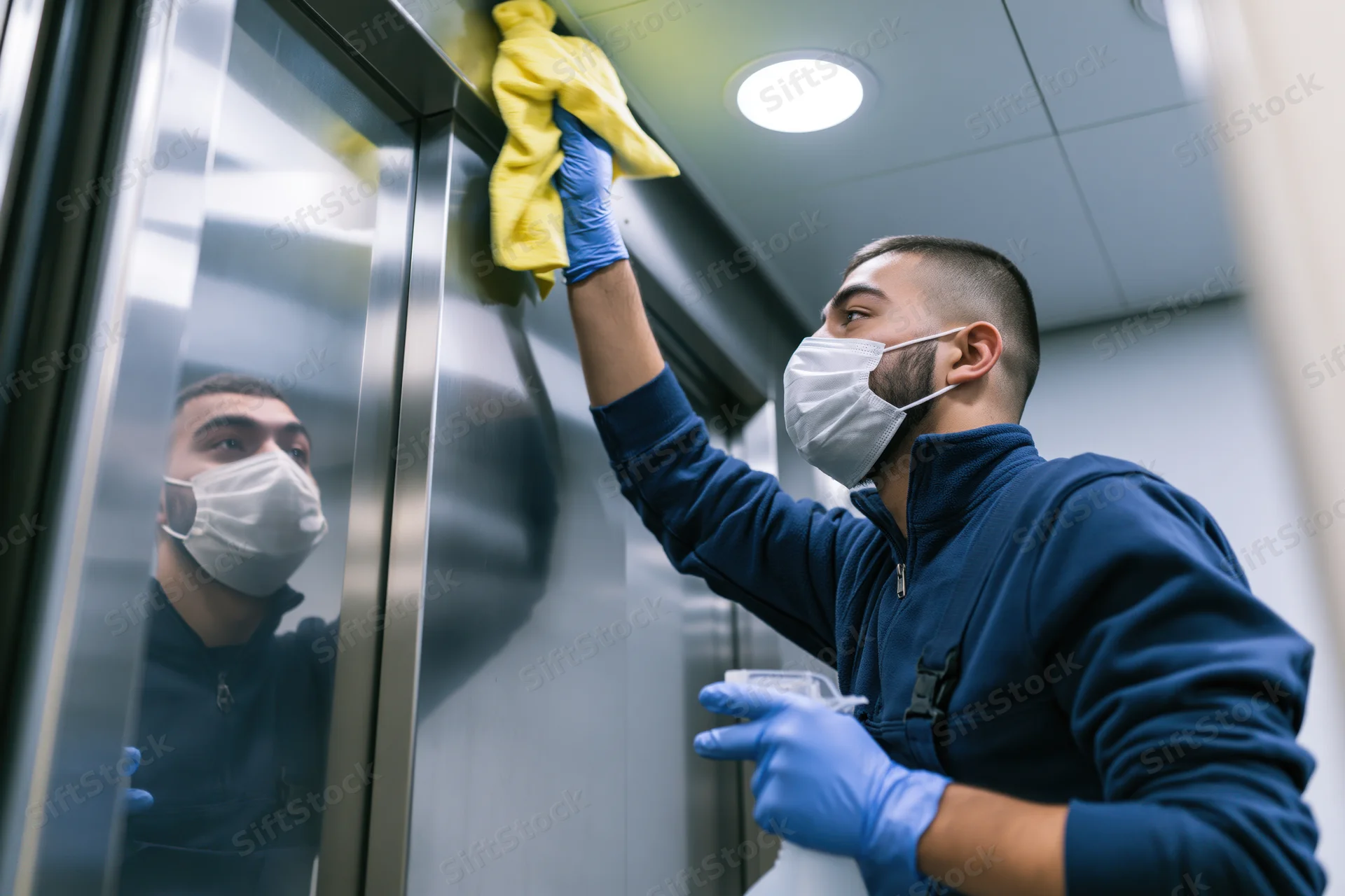 Man in mask and gloves disinfecting elevator interior with spray bottle and cloth