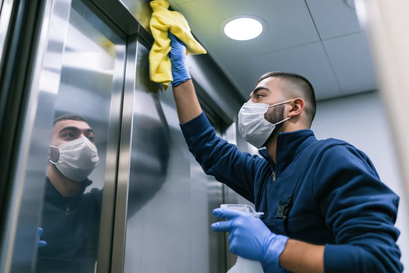 Man in mask and gloves disinfecting elevator interior with spray bottle and cloth