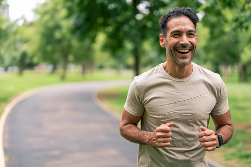 Man jogging on a paved path in a city park smiling broadly