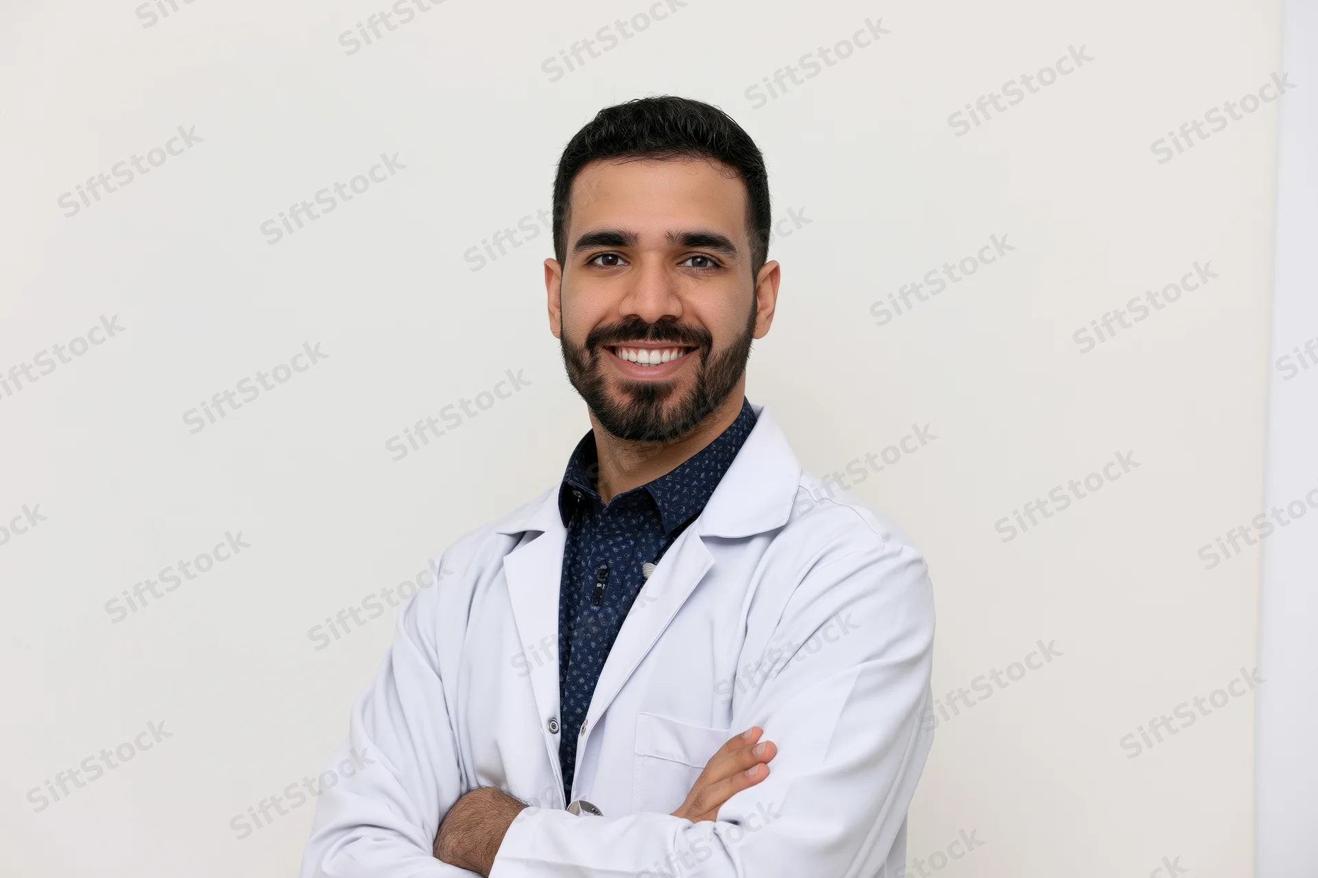 Young southasian male doctor in white labcoat smiling with arms crossed in a studio setting