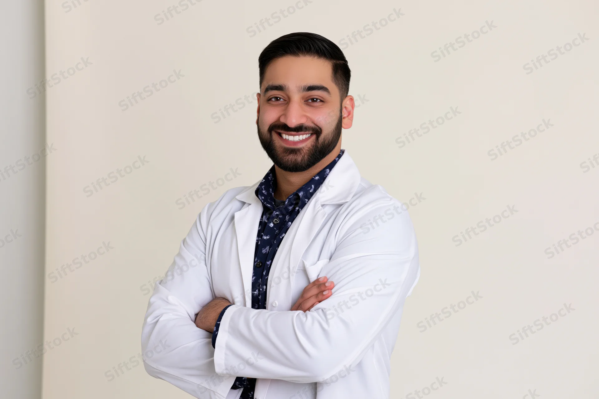 Young southasian male doctor in white lab coat smiling with arms crossed against plain wall