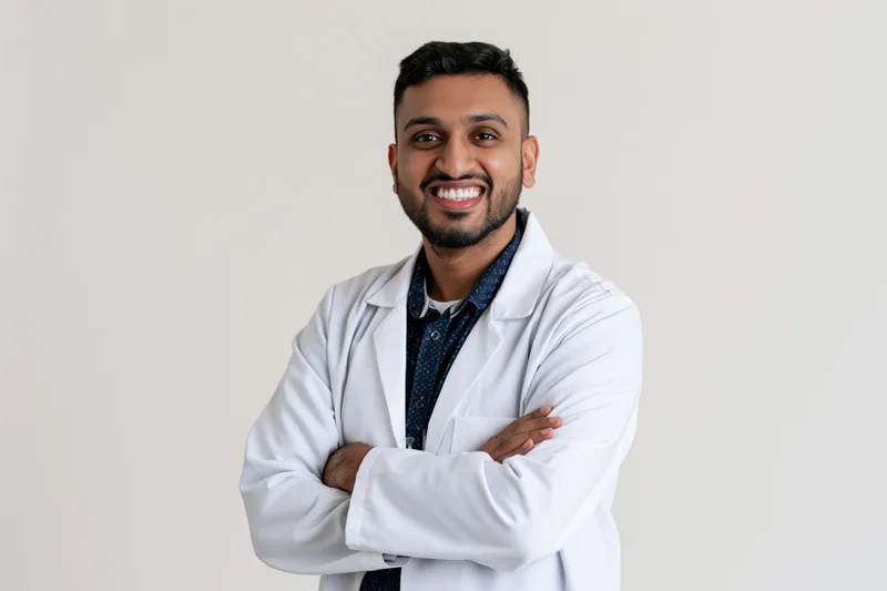 Young southasian male doctor in white labcoat smiling with arms crossed in studio portrait