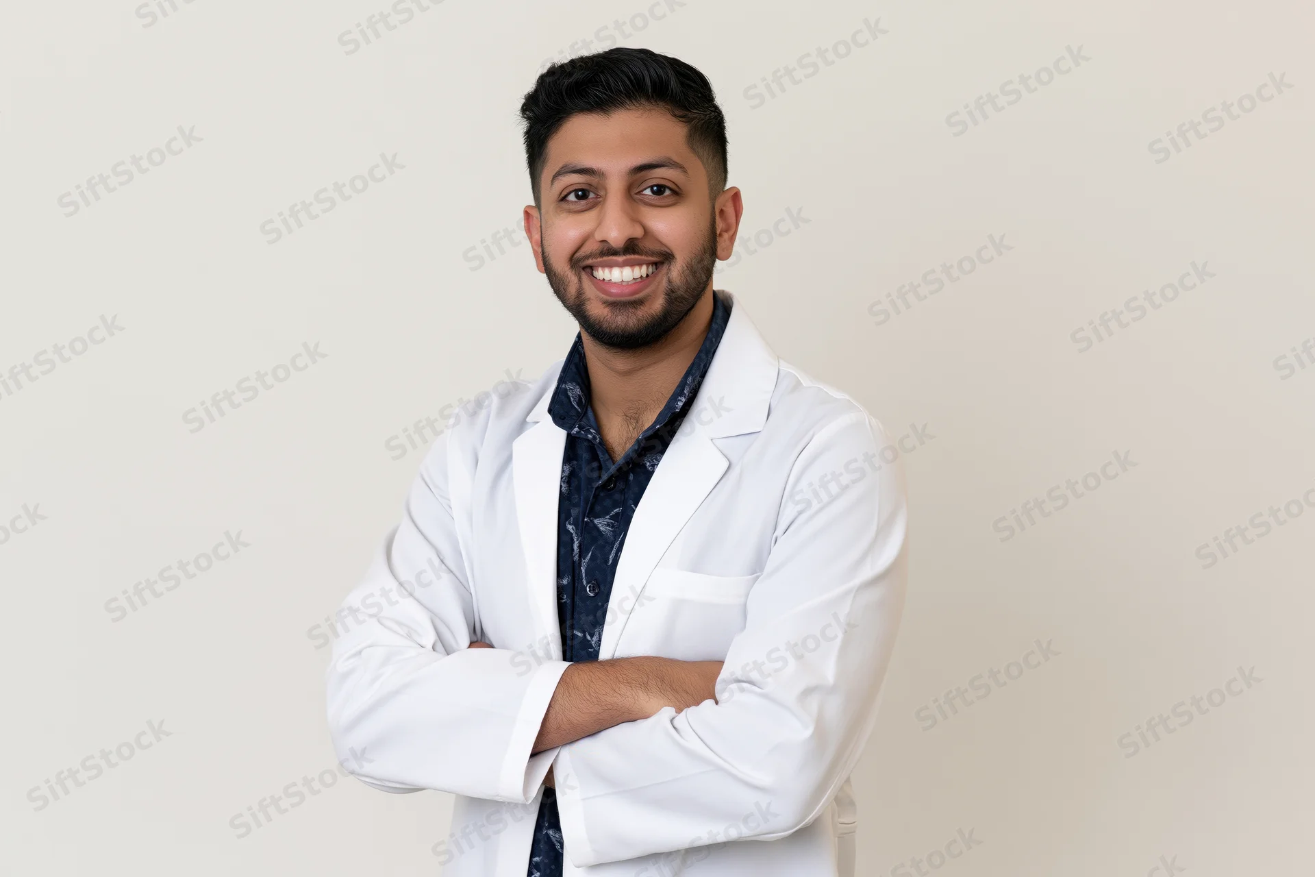 Young southasian male doctor in white labcoat smiling with arms crossed against beige background