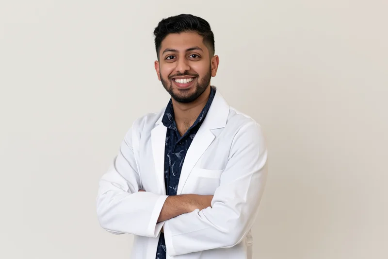 Young southasian male doctor in white labcoat smiling with arms crossed against beige background