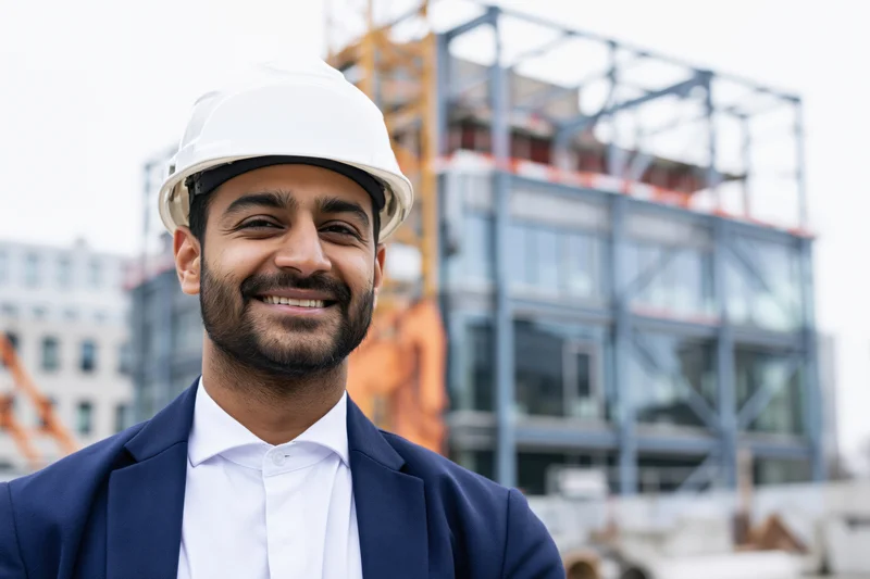 Smiling southasian male engineer in white hardhat and suit standing at construction site
