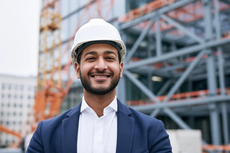 Young southasian male engineer in white hardhat smiling at camera on construction site