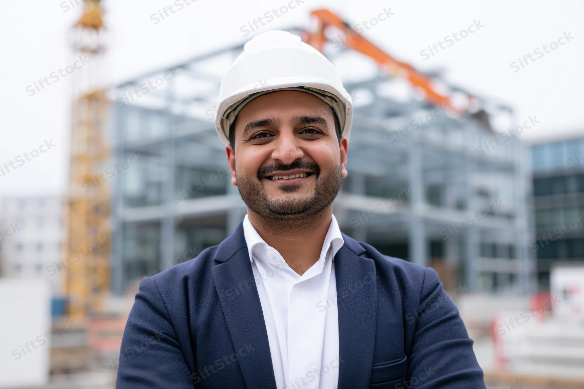 Young southasian male engineer in white hardhat smiling at construction site with cranes and building frame in background