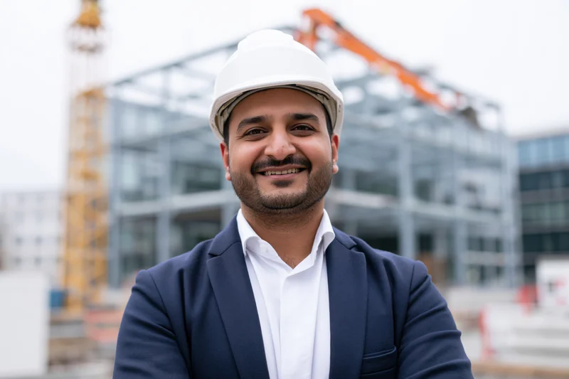 Young southasian male engineer in white hardhat smiling at construction site with cranes and building frame in background