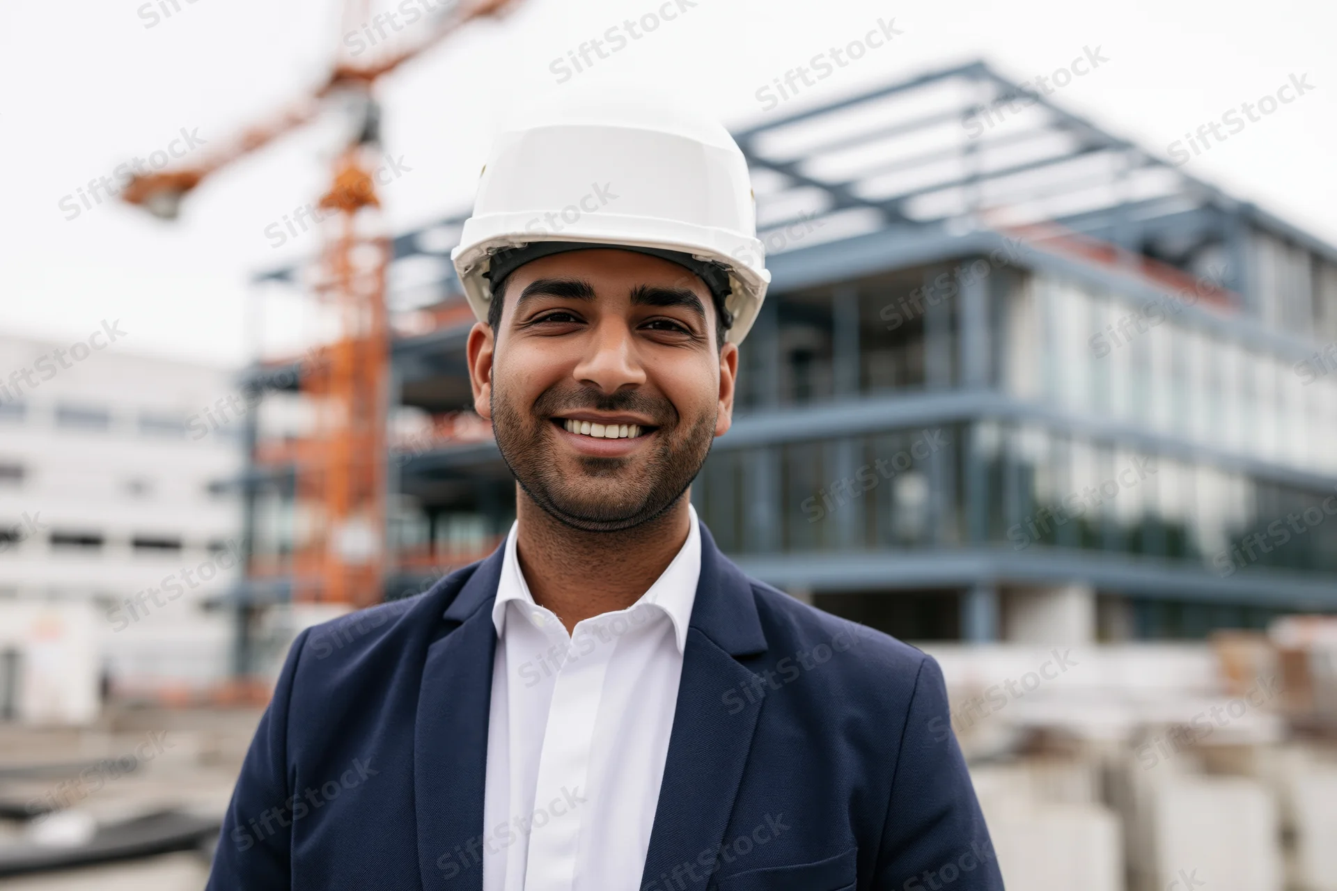 Young southasian male engineer in white hard hat smiling at camera on construction site