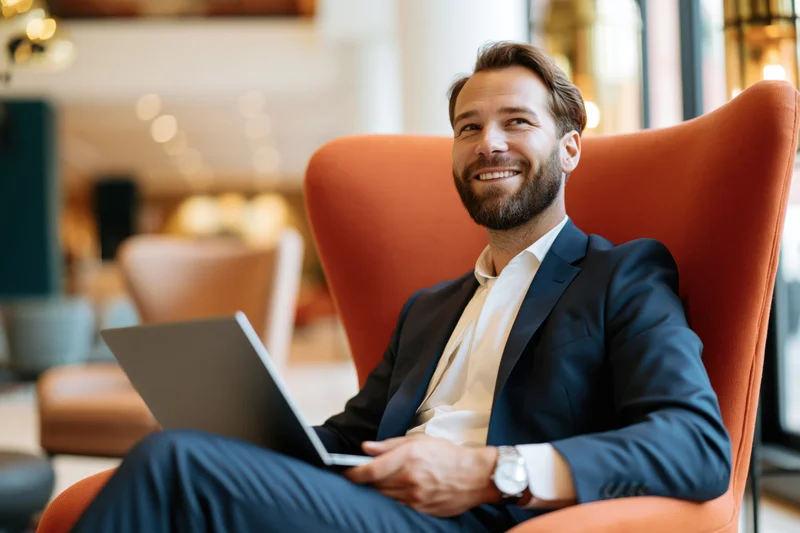 Businessman smiling while sitting in orange armchair with laptop in modern office
