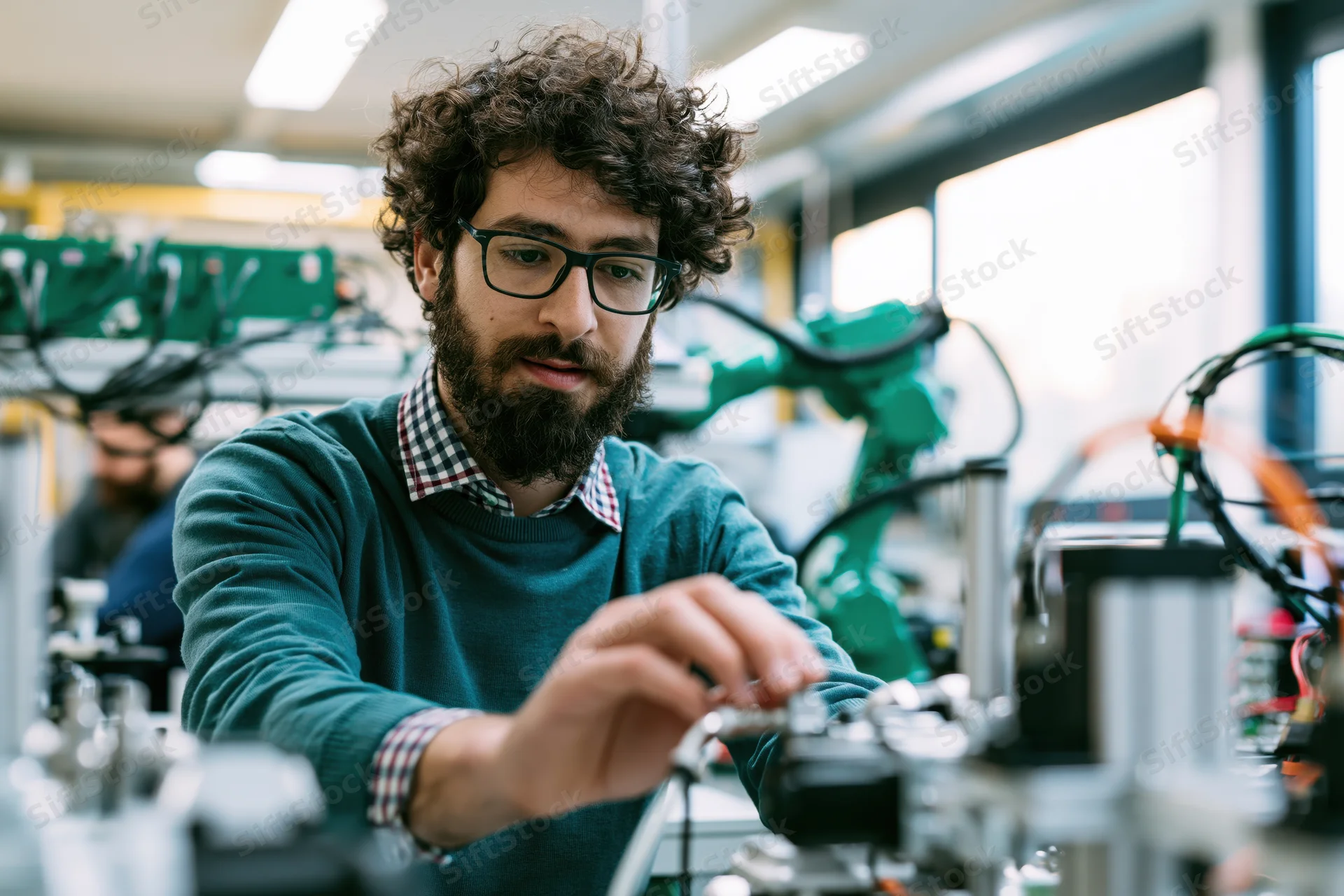 Engineer adjusting components on industrial machinery in a workshop