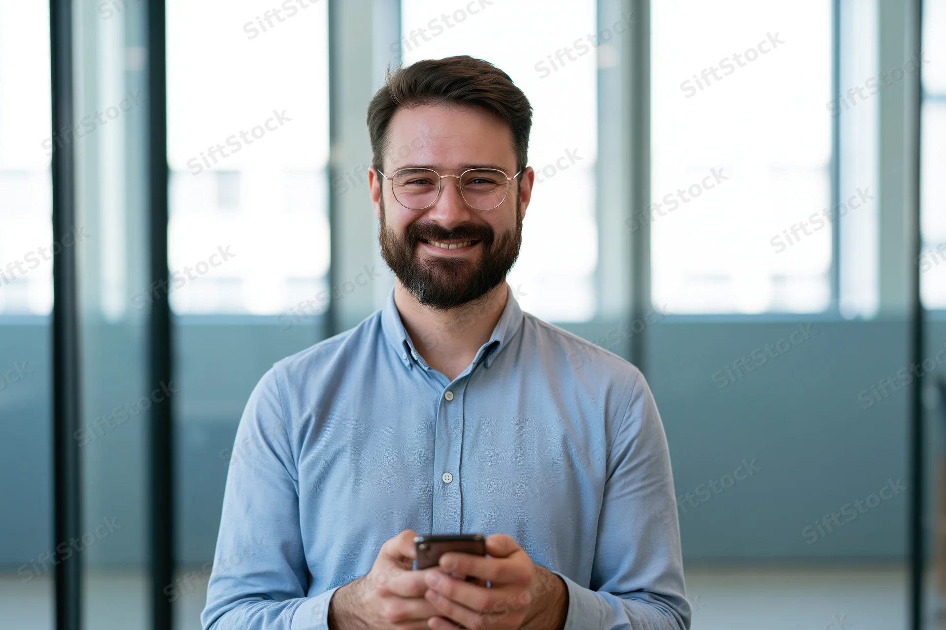 Bearded man in blue shirt holding smartphone in modern office interior