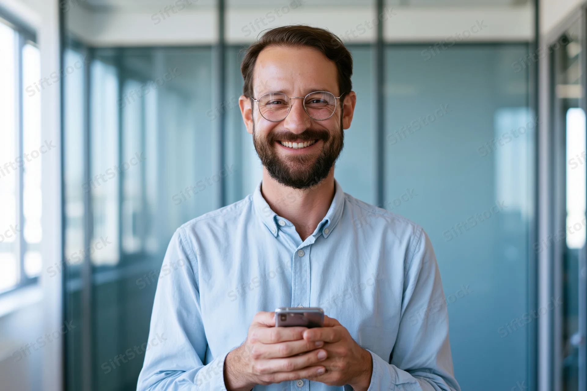 Smiling man holding smartphone in office hallway