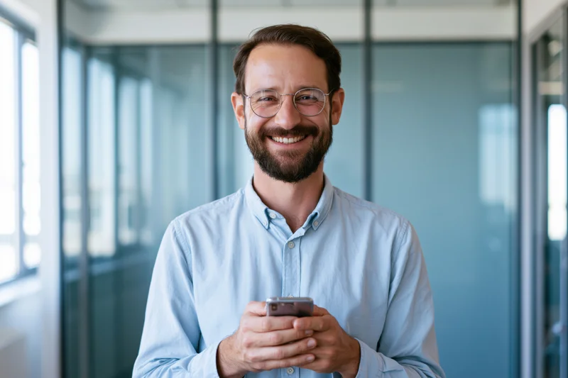 Smiling man holding smartphone in office hallway