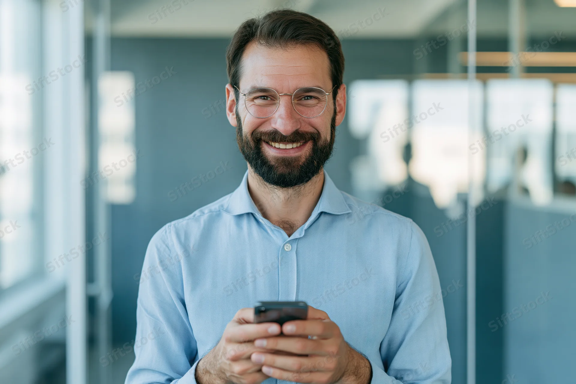 Smiling bearded man holding smartphone in modern office space