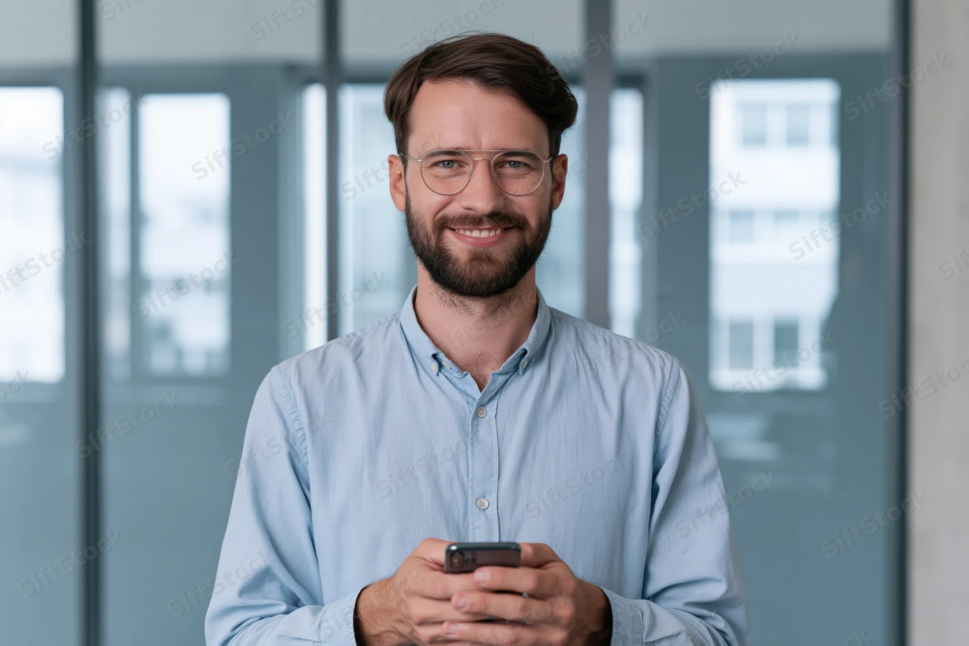 Man holding smartphone smiling in office interior