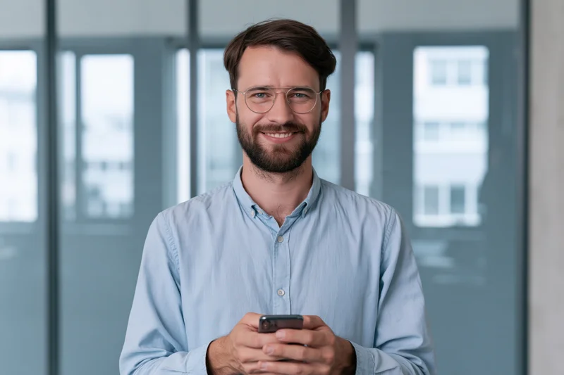 Man holding smartphone smiling in office interior