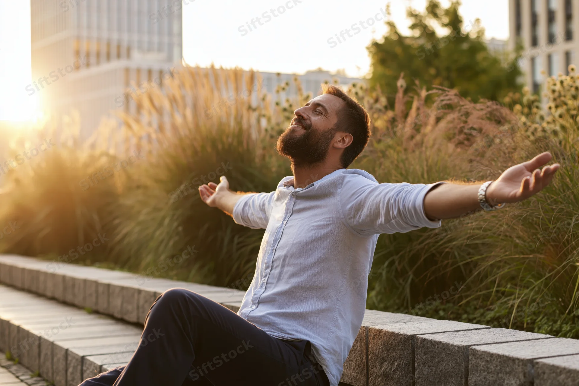 Young bearded man sitting on stone steps with arms stretched, smiling at sunset in urban park
