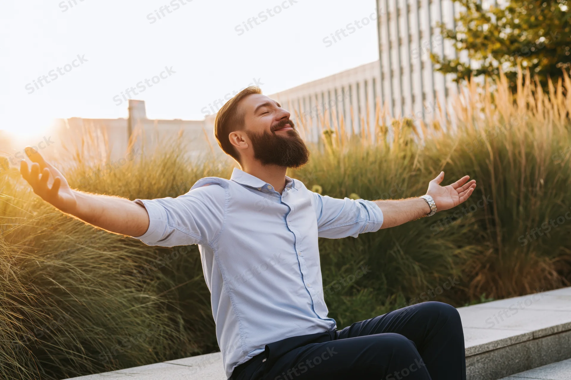Bearded man sitting on stone steps with arms stretched, eyes closed, smiling in sunlight